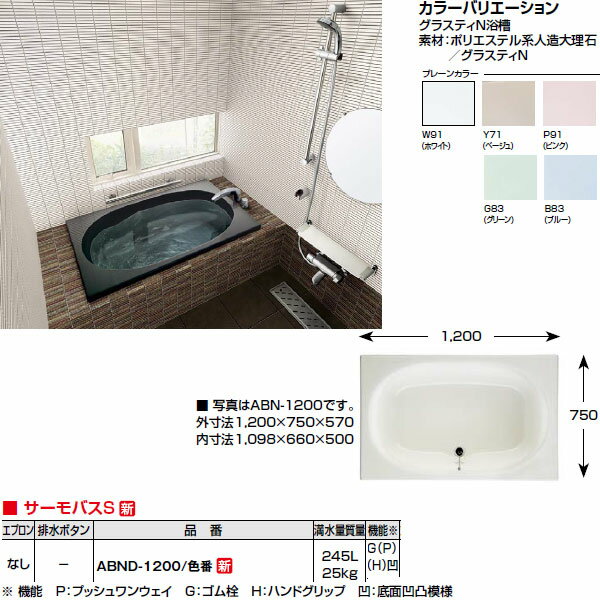 【送料無料】浴槽 1200サイズ エプロンなし ABND-1200 グラスティN浴槽 和洋折衷タイプ...:auc-dream-diy:10044716