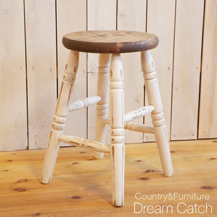 [カントリー家具] 木製 スツール(丸椅子)（ホワイト） アンティーク調 白 椅子 チェア…...:auc-dreamcatch:10002518