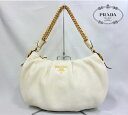 【PRADA】プラダ チェーン ショルダーバッグ 光沢レザー ホワイト 白 RM0275【中古】