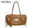 【PRADA】プラダ オールレザー ショルダーバッグ トートバッグ 本革 キャメルブラウン×ゴールド金具 茶×金 イタリア製 ON1698【中古】