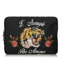 グッチ エンブロイダリー タイガー クラッチバッグ ラップトップケース 473884 ブラック キャンバス レディース GUCCI 【中古】