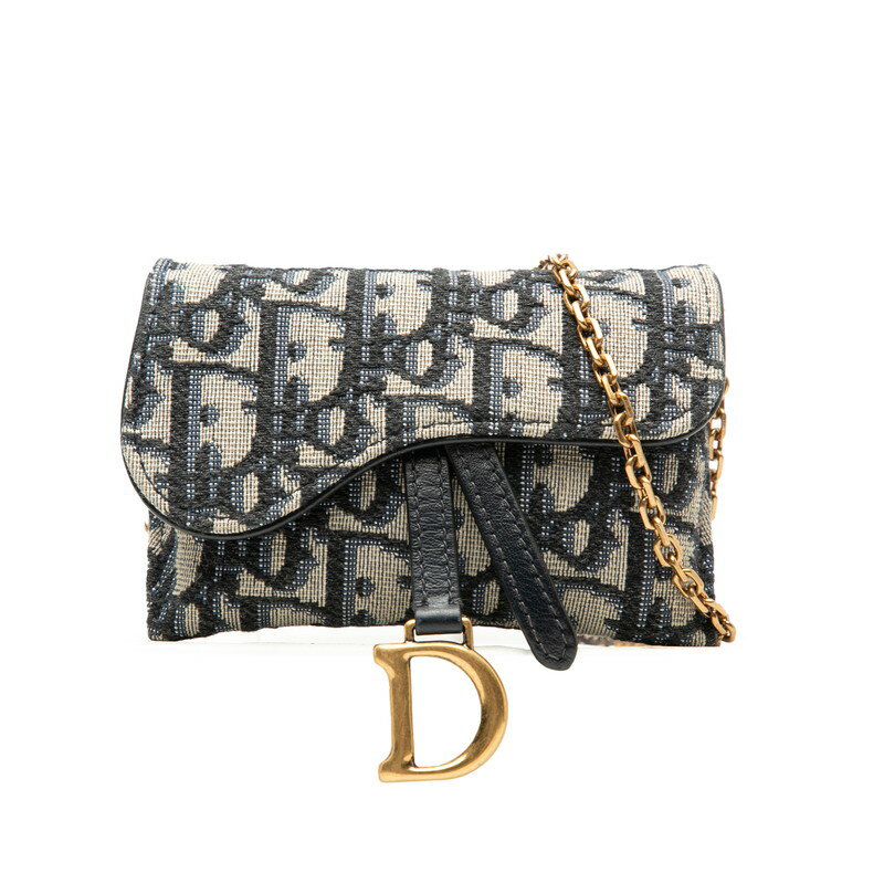 ディオール トロッター サドル ナノ ポーチ チェーン ポシェット ショルダーバッグ ネイビー ベージュ キャンバス レディース Dior 【中古】