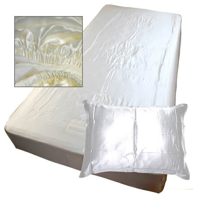 ベッドボックス シルクシーツ クイーン と 枕カバー 2枚 セット オフ白 シルク シーツ