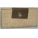 【中古】本物可ブルガリロゴマニア19x10cmベ-ジュx焦げ茶革Wホック長財布 ○C8-657