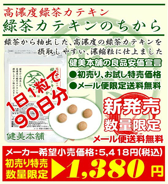 健美本舗★新発売 お試し特売3ヶ月分★緑茶からの抽出に拘った、高濃度 茶カテキン原料使用、注目のEGCG含有、 緑茶カテキンのちから粒”1日1粒で90日★メール便限定送料無料