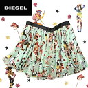 ★DIESEL ディーゼル レディース★総イラスト柄 裾カットオフ シルク混 ミニスカート キ