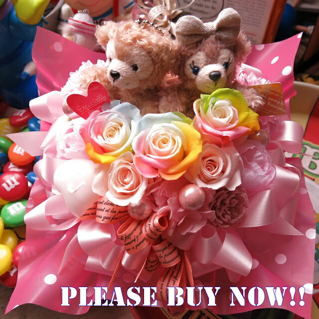 結婚祝い ダッフィー ぬいぐるみ 花 プリザーブドフラワー ダッフィー シェリーメイ レインボーローズ入り ケース付き ◆誕生日プレゼント・記念日の贈り物におすすめのフラワーギフト