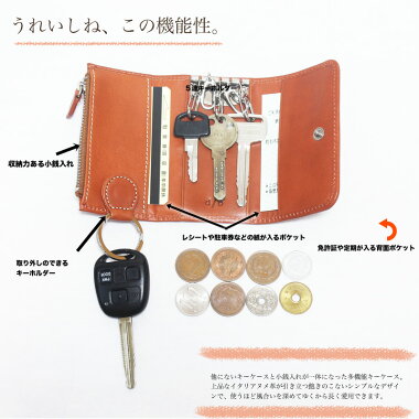 キーケース小銭入れ革外ポケット付き!スマートキー単体なら収納できますイタリアンレザー送料無料