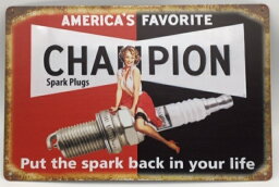 送料無料　 チャンピオン スパークプラグ 金属製 メタルサインプレート 　CHAMPION SPARK PLUG　看板 ブリキ アンティーク ガレージ インテリア 広告 カフェ 店舗備品