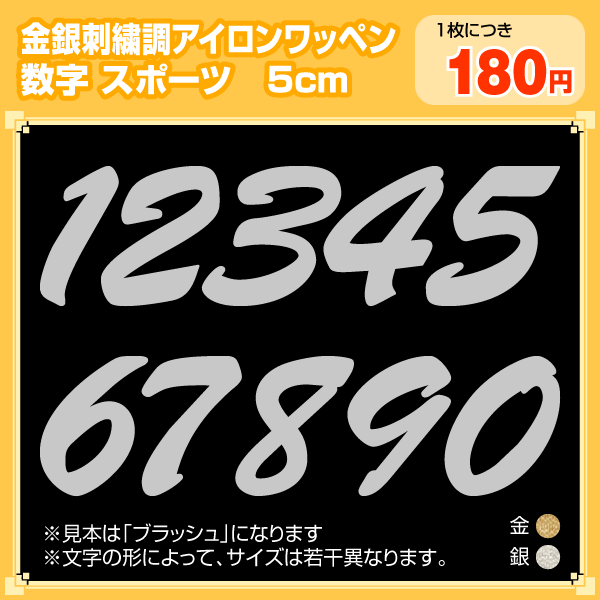 アイロン数字ワッペン(金・銀)メール便対応刺繍調スポーツ5cmサイズ