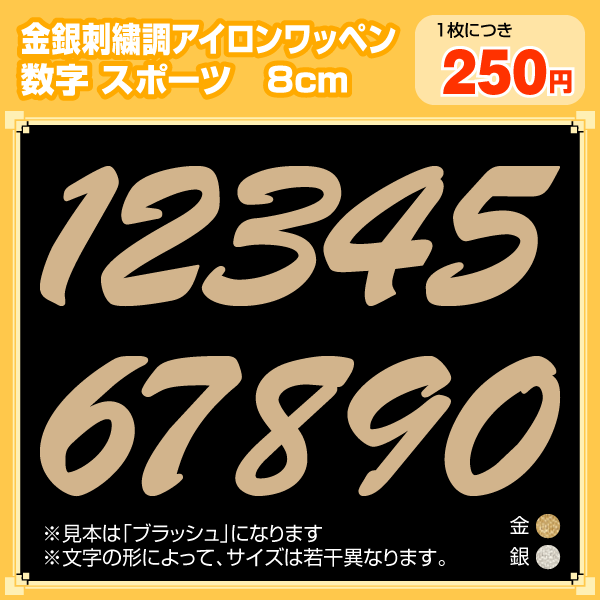 アイロン数字ワッペン(金・銀)メール便対応刺繍調スポーツ8cmサイズ