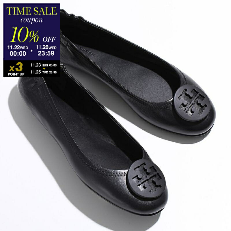 【ブラックフライデー・11/26-23___59迄10％OFFクーポン】TORY BURCH <strong>トリーバーチ</strong> フラットパンプス MINNIE TRAVEL BALLET WITH METAL LOGO 49350 レディース バレエシューズ ロゴ レザー 靴 006/PerfectBlack【cp_ten】