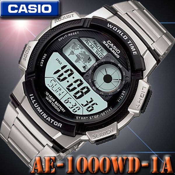 【日本語取説・箱付】CASIO カシオ WORLD TIME STANDARD DIGITAL 腕時計 AE-1000WD-1A 【ワールドタイム】【10気圧防水】【長寿命10年バッテリー】海外モデル【メール便不可】【新品】