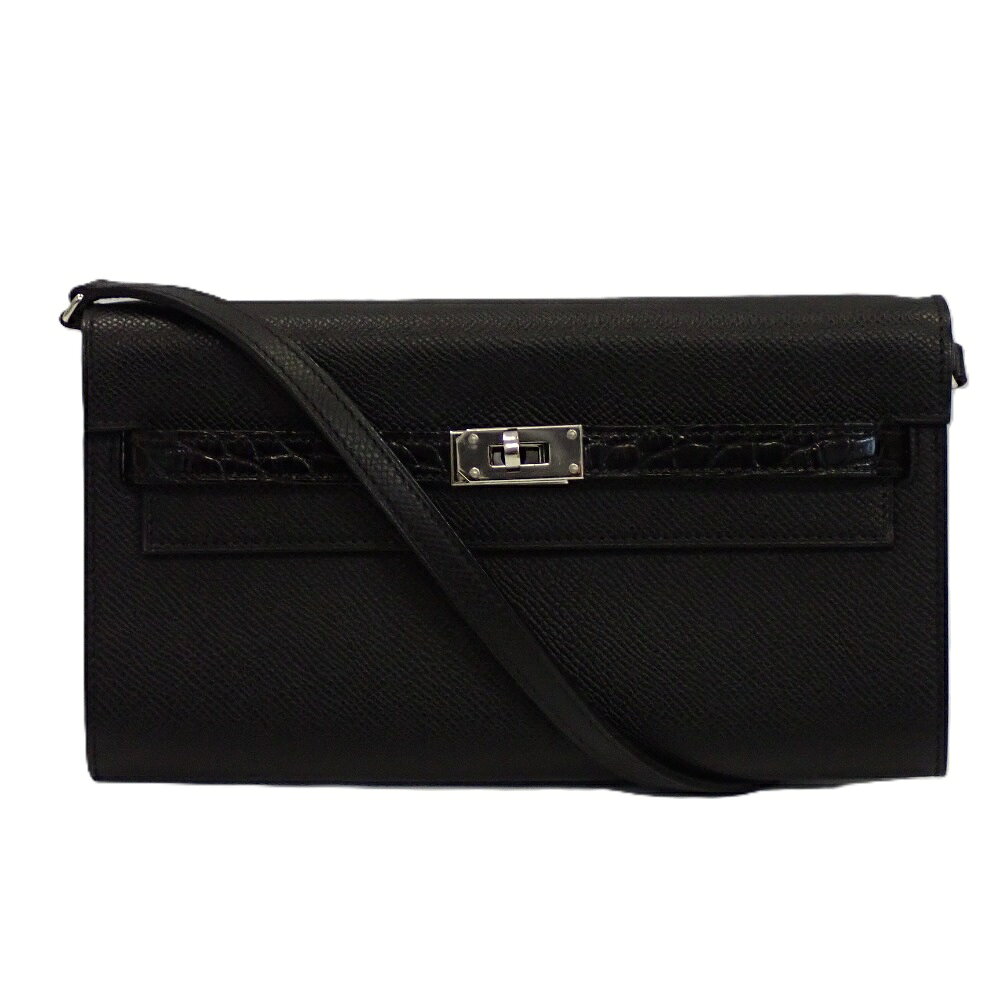 エルメス ケリーウォレット ロング トゥーゴー タッチ ヴォーエプソン×アリゲーター ブラック/シルバー金具 Z刻印 長財布 ショルダーウォレット【質みなみ・千早駅前店】【質屋】 HERMES 【中古】 Th998221