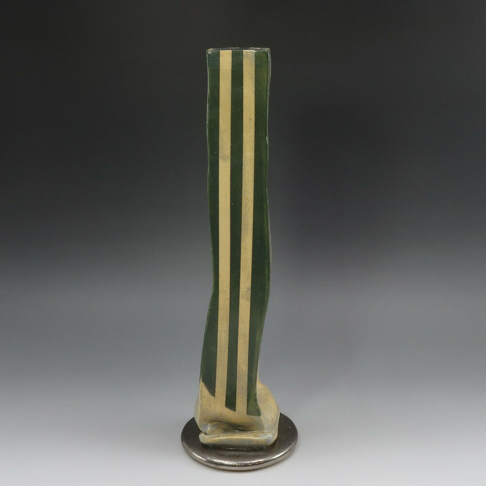 柳原睦夫 作 【 オリベ手 筒花瓶 】 花瓶 陶磁器 Oribe-style cylindrical vase by Yanagihara Mutsuo _【中古】Aランク