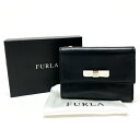 フルラ FURLA 三つ折り財布 レザー コンパクトウォレット S金具 リボン レディース ブラック 中古 mag28019