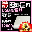 モバイルバッテリー 12000mAh 大容量 充電器 Lightning変換アダプタ追加可 iPhone5 4S スマホ 3DS PSP カメラ スマートフォン アンドロイド 携帯電話 USB送料無料！ 大容量12000mAh 2台同時充電可！！ 当店にてiPhone5、iPad mini、SH-02E(AQUOS PHONE ZETA)動作確認済み。 非常用、旅行の際などにも活躍してくれます！！