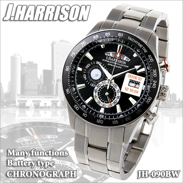 ジョン・ハリソン J.HARRISON クォーツ クロノグラフ ブラック×ホワイト メンズ腕時計 JH-090BW