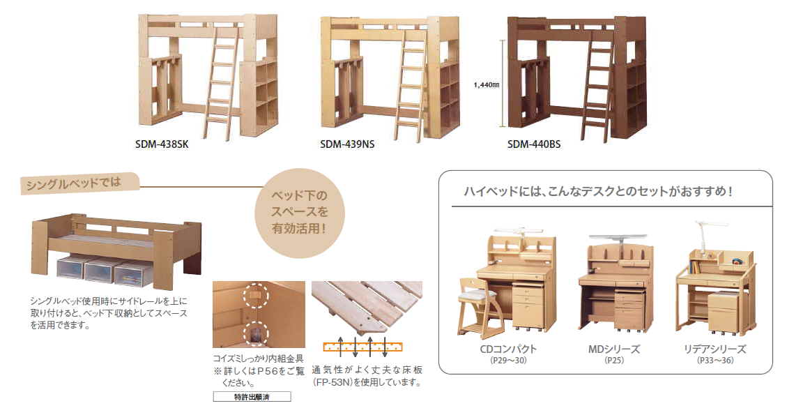 【送料無料】空間を有効活用できる2012年型コイズミ製ハイベッドSDM-438SK/SDM-439NS/SDM-440BSはしご付きエコウッディ素材ステップアップベッドすのこハイベッドKOIZUMI STEP UP BEDハイタイプシングルベッドすのこ板仕様システムベッド【机・椅子別売】