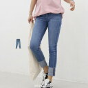 Aura アウラ M L LL 3L 4L 5L【レディース ロールアップデニム ジーンズ パンツ スキニー ストレッチ 黒 紺 デニムパンツ スキニーデニム】デニムパンツ ガウチョパンツ ワイドパンツ フリンジ 裾折り返し ロールアップ サイドライン ウォッシュ加工 ヴィンテージ風