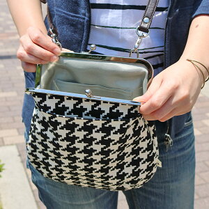 【受注生産品】ポケット付きがま口フラットショルダーバッグ【帆布・バードチェック】<がまぐち/がま口バッグ/カバン/鞄/レディース/手作り/バッグ/和雑貨/京都/ショルダーバッグ/がま口>