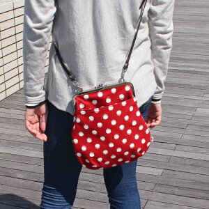 【受注生産品】ポケット付きがま口フラットショルダーバッグ【帆布・がまドット柄大判】<がまぐち/手作り/バッグ/和雑貨/京都/ショルダーバッグ>