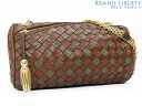 【美品】ボッテガ ヴェネタ BOTTEGA VENETA イントレチャート ヴィンテージ チェーンショルダーバッグ 斜め掛けショルダーバッグ ポシェット ミニドラムバッグ ポーチ ブラウン 赤茶系 カーキグリーン ラムレザー 【中古】