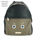 【10%OFFクーポン対象】 フェンディ リュック メンズ リュックサック バックパック セレリア フェイス 顔 かばん 鞄 FENDI 7VZ012 レザー ブラック 黒 カーキ シルバー金具 ギフト【中古品】