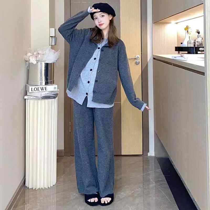 マタニティ用 マタニティ服 産後ウェア マタニティウェア 妊婦用　パンツ　レギンス マタニティ ニット スーツ 秋冬 スタイル フェイク ツーピース トップ ワイド レッグ パンツ ズボン セーター 秋服