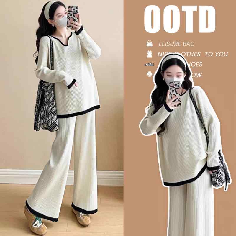 マタニティ服 美脚 脚長 部屋着 妊婦服 妊婦用　パンツ　レギンス 2025年 マタニティウェア 春秋 スーツ な ゆったり Vネック コントラスト トップス ワイド レッグ パンツ ツーピース