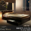 【送料無料】ダブルベッド マットレス付き スリムモダン 収納ベッド Cozy Moon コージームーン 国産ポケットコイルマットレス付き 収納付ベッド 照明付き ダブルサイズ 引き出し付き 引出し 2杯 コンセント付き 棚付き ヘッドボード 宮棚 引出し収納(代引不可)