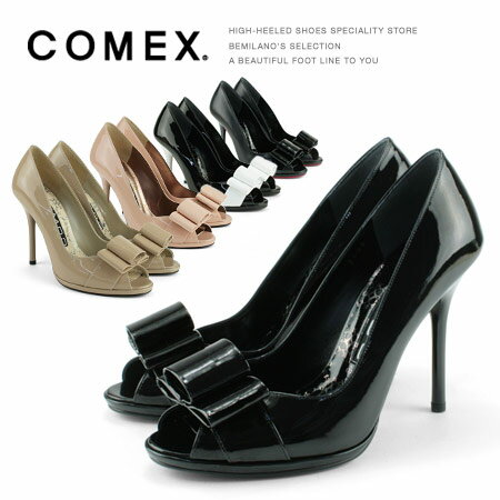 COMEX パンプス コメックス エナメルパンプス リボン ハイヒール オープントゥ ピンヒール 靴...:bemilano:10007040