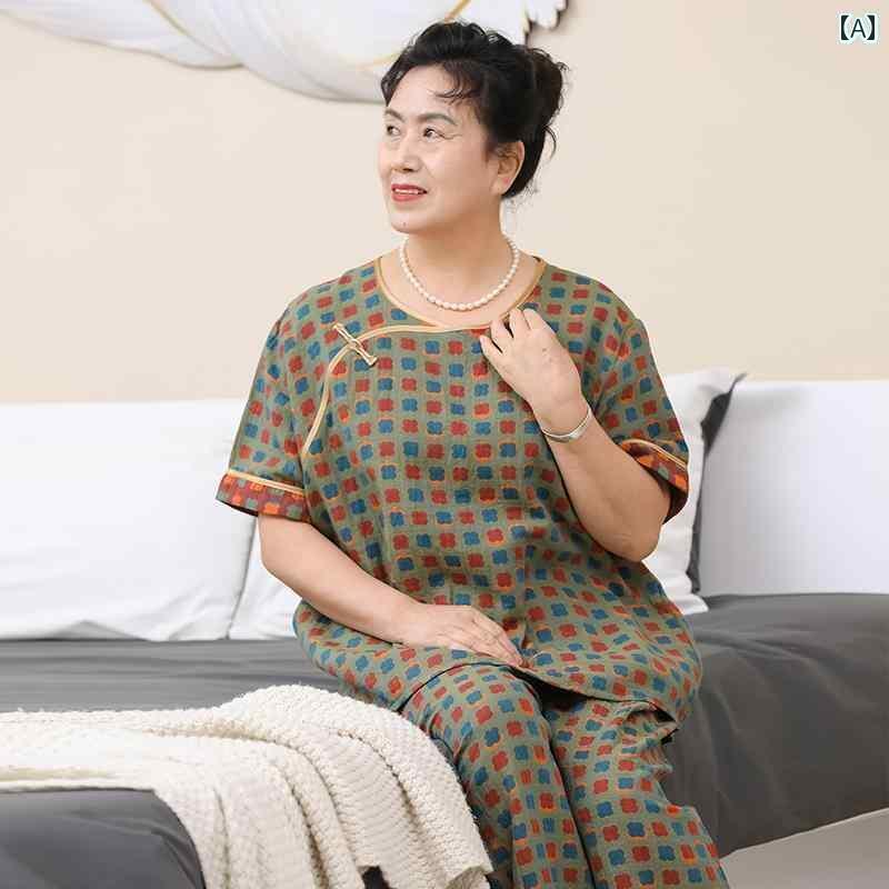 半袖　半ズボン　パジャマ のお母さんの 夏 パジャマ 大きいサイズ 200 斤 新型 チャイナ風 綿 薄手 半袖 ホーム 服