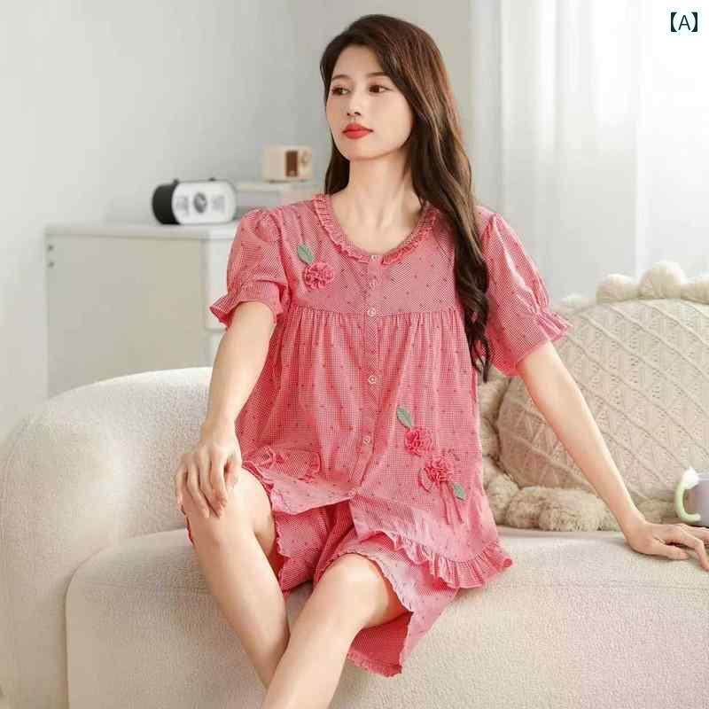 半袖　半ズボン　パジャマ 台湾 ドリーム 夏 レディース 半袖 ショート パンツ 甘くて かわいい 織り コットン チェック 柄 パジャマ 室内 着