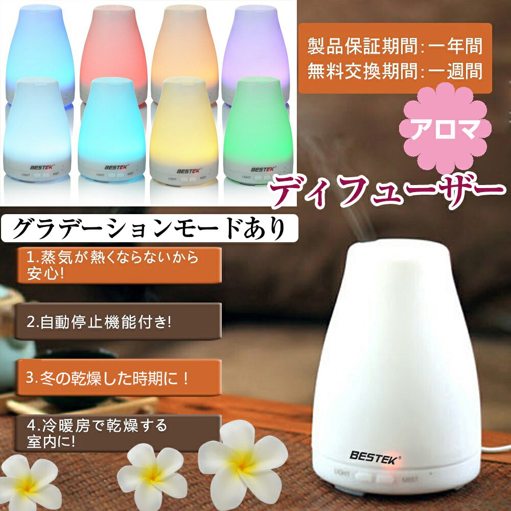 BESTEK アロマディフューザー 超音波式 アロマ 加湿器 多色変換 卓上　オフィス　アロマ ライト Arom diffuser BTODLM008