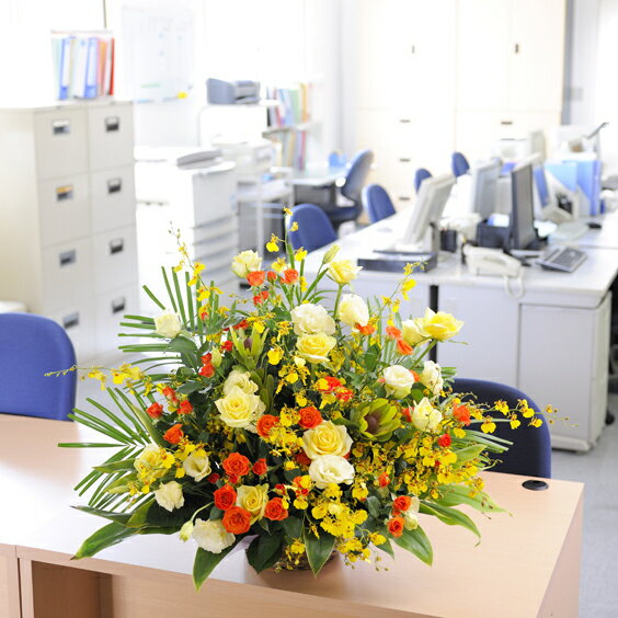 電報代金は無料!開店祝いや結婚式などのお祝い事に電報(祝電)とアレンジメントフラワーMサイズ 黄色・オレンジ系 1.4万円コースを同時に配達します【配送地域限定商品】