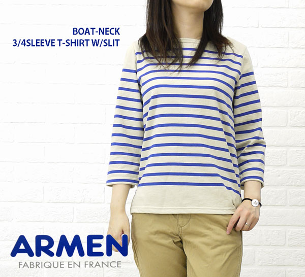 ■【10016518】ARMEN(アーメン) コットン 7分袖 ボーダー ボートネック Tシャツ・NLA0651-0341202【レディース】//