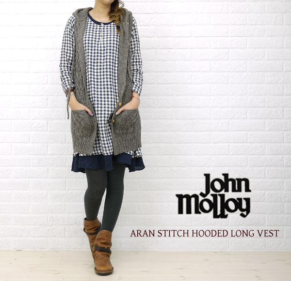 【クーポン対象外】【10012955】JOHN MOLLOY(ジョンモロイ) ARAN STITCH HOODED LONG VEST・NJM1051-0341102【レディース】