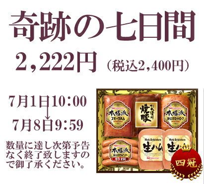 【ポイント10倍 7月1日10:00-4日9:59】奇跡の七日間26％OFF【送料無料別送品】ニッポンハム (日本ハム）本格派ギフトセット(6個入)[三冠達成商品][RT-301]内祝い 快気祝い お中元 お歳暮