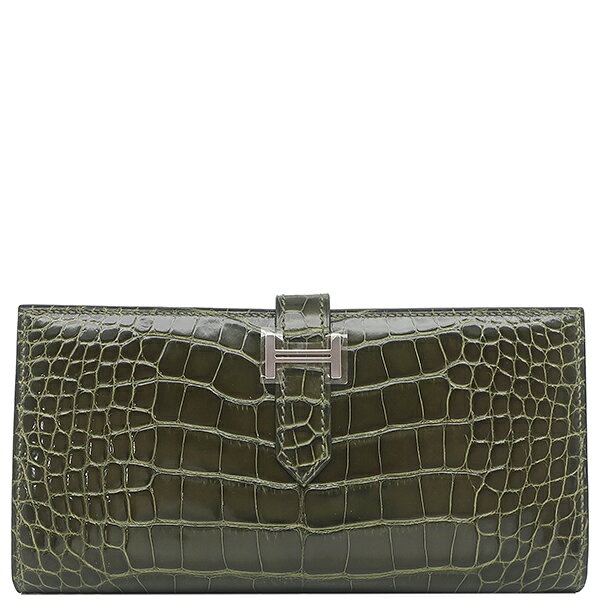 エルメス 長財布 ベアンスフレ アリゲーター カーキグリーン 深緑 二つ折り財布 中古