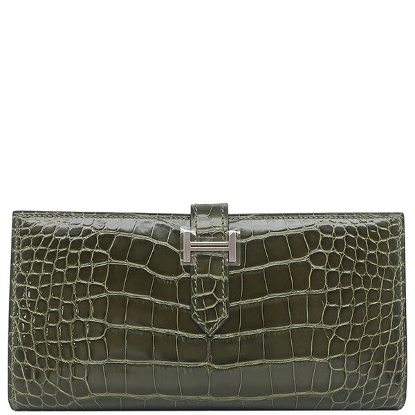 エルメス 長財布 ベアンスフレ アリゲーター カーキグリーン 深緑 二つ折り財布 中古