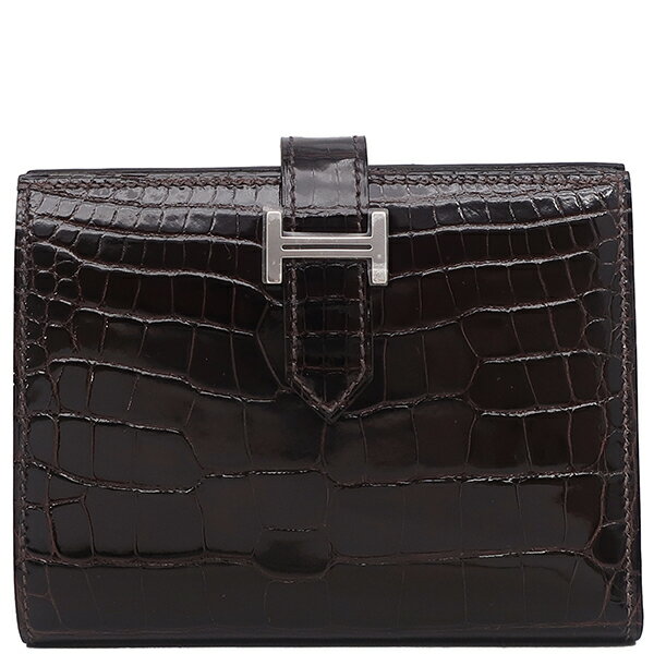エルメス 二つ折り財布 ベアンコンパクト アリゲーター ブラウン 茶 クロコ 中古