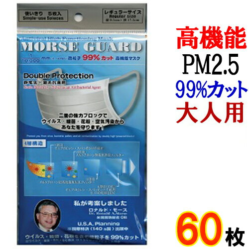 モースガード 5枚個包装×12袋 計60枚 レギュラーサイズ【日本製 大人用 在庫あり 使い捨てマスク サージカルマスク 医療用マスク 国産 箱 PM2.5対応マスク ウイルス 高機能マスク タバコ対策 花粉マスク PM2.5対策 花粉対策 mask】
