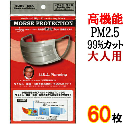 モースプロテクション 5枚入り×12袋 計60枚 レギュラーサイズ【大人用 PM2.5対応マスク 大きめ 5枚個包装 医療用マスク ウイルス 高機能マスク タバコ対策 サージカルマスク 花粉マスク 使い捨てマスク PM2.5対策 花粉対策 mask】