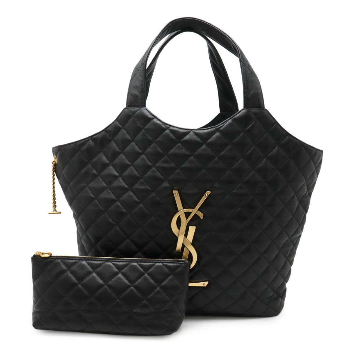 SAINT LAURENT PARIS サン ローラン パリ YSL イブサンローラン イカール マキシショッピング トートバッグ ラムスキン ブラック ポーチ付き 698651 【中古】