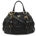 【バッグ】PRADA プラダ ギャザー トートバッグ ショルダーバッグ 2WAY 斜め掛け レザー ナイロン ブラック NERO 黒 国内ブティック購入品 BN1793 【中古】