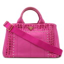 【バッグ】PRADA プラダ CANAPA カナパ ビジュー 2WAY ショルダー ハンドバッグ スタッズ キャンバス FUXIA ピンク 海外ブティック購入品 B2642O 【中古】