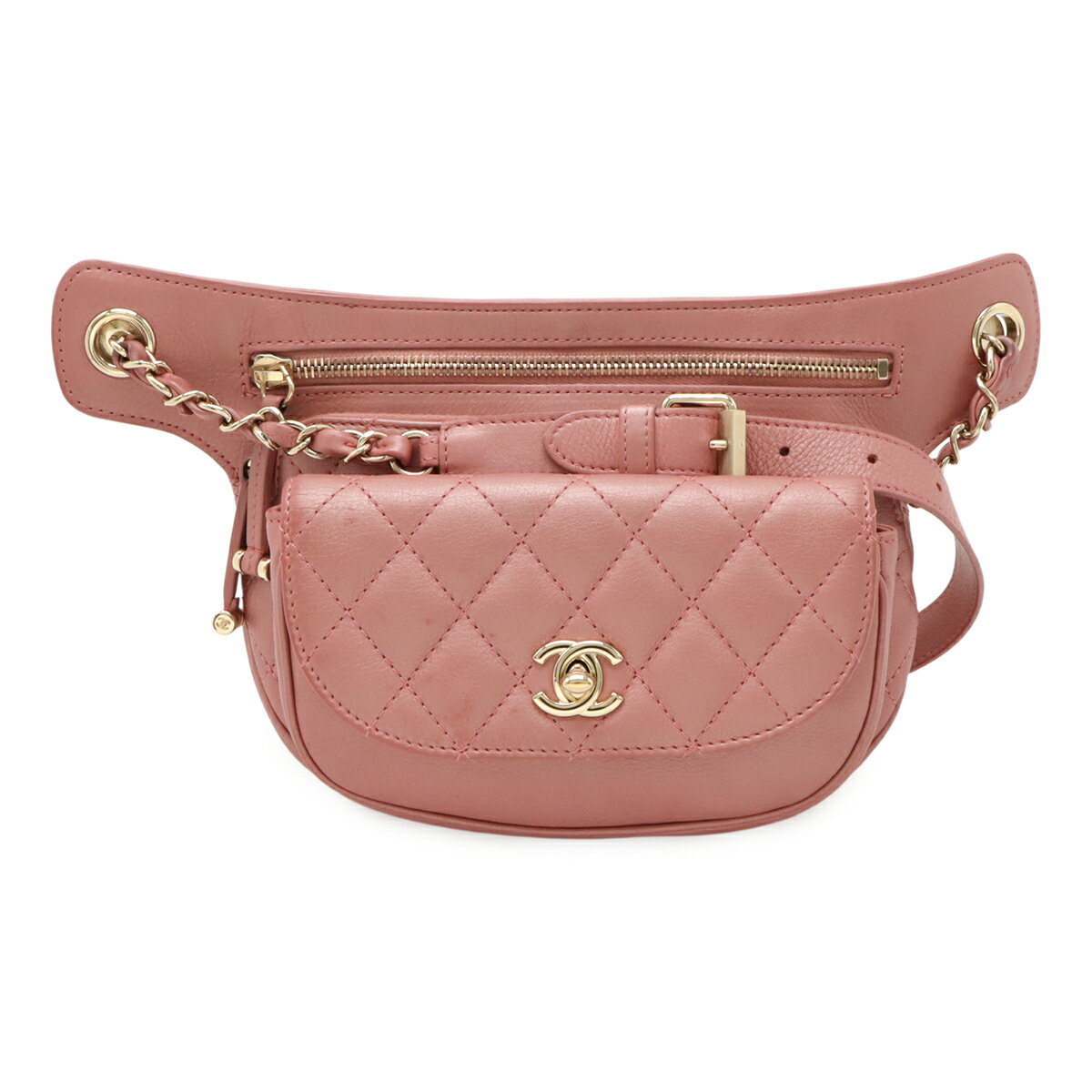 CHANEL シャネル マトラッセ ココマーク ベルトバッグ ボディバッグ ウエストポーチ チェーンショルダー レザー ピンク ゴールド金具 【中古】
