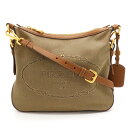 【バッグ】PRADA プラダ ロゴジャガード ショルダーバッグ 斜め掛け キャンバス レザー CORDA カーキベージュ BRANDY ブラウン ゴールド金具 BT0706 【中古】