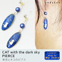 【 ハンドメイド ピアス 手作り 】夜空 と ネコ の ピアス ノンホールピアス 1ペア【 完成品 イヤリング 金色 ブルー 宇宙塗り レジン 可愛い 限定 アクセサリー レディース 樹脂 フック 】【送料無料】